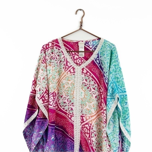 Chicos Womens Small Medium Pink Blue Boho Print Poncho Shirt Short Sleeve Beach - Picture 2 of 6